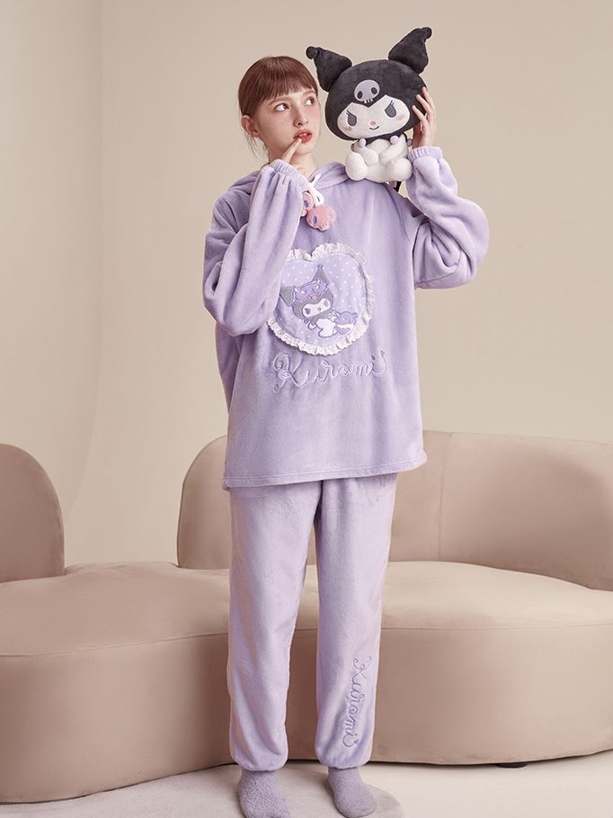 Sanrio Authorized Kuromi Heart Applique Top +Pants Pajama Set
