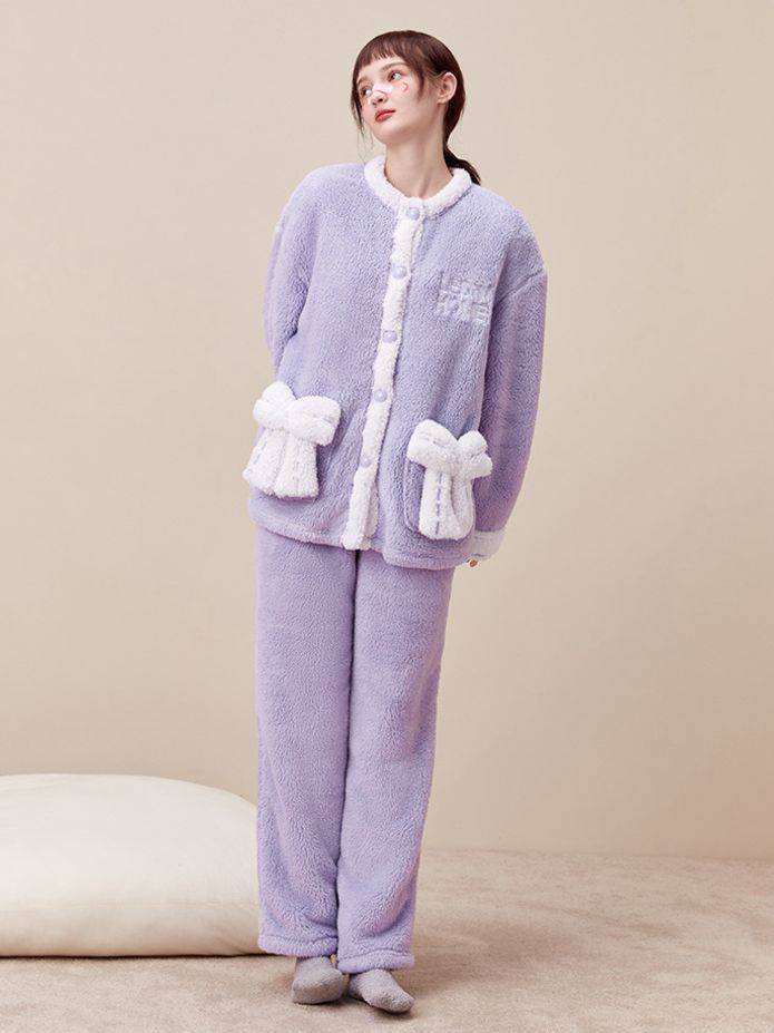 Bowknot Decoration Pockets Letter Embroidery Purple Pajama Set