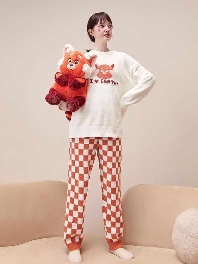 Disney Authorized Red Panda Mei Pattern Sweater + Plaid Pants Pajama Set
