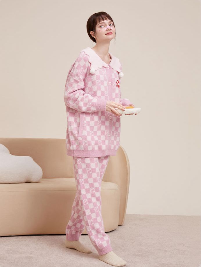 Pink Check Pattern Pom-poms Decoration Sweater + Pants Pajama Set