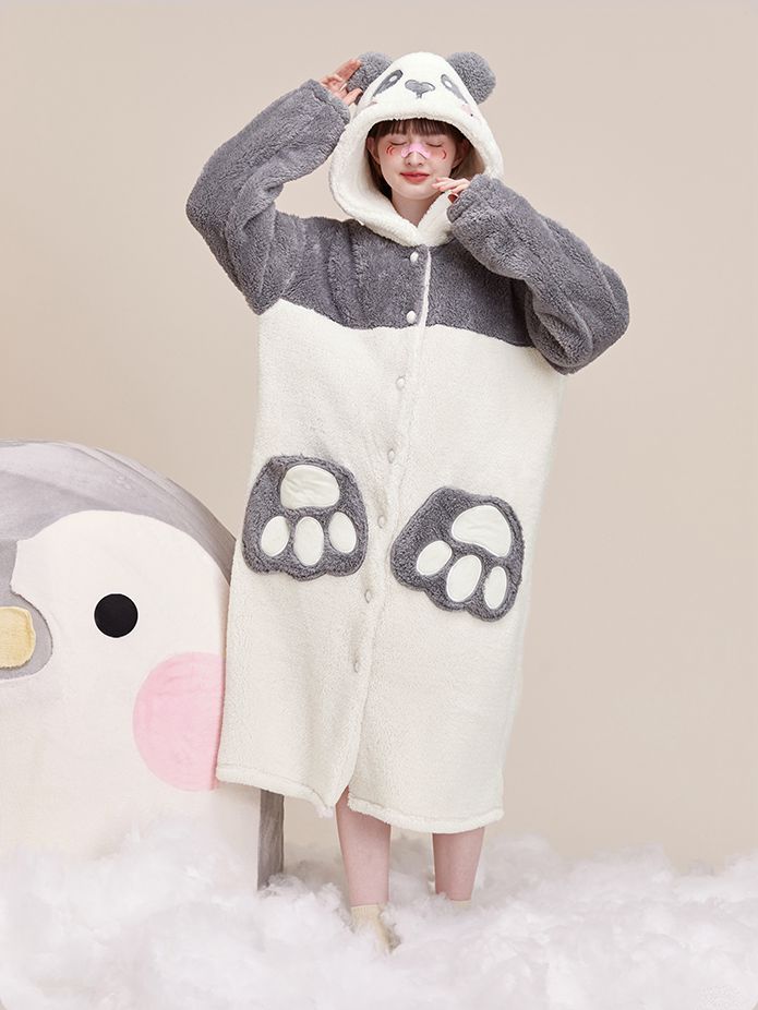 Panda Colorblock Design Hooded Nightgown