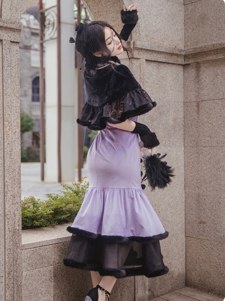 [¥9,549円]花つる黒と紫のマーメイド スカート ロリータ JSK + ショール セット