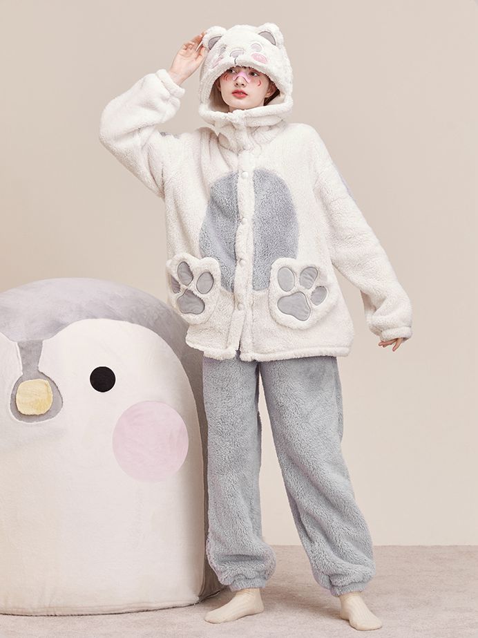 Polar Bear Colorblock Design Hooded Couple Pajama Set