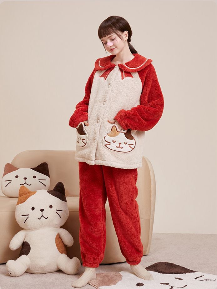 Hapins Authorized Fuku Fuku Nyanko Cat Peter Pan Collar  Pajama Set