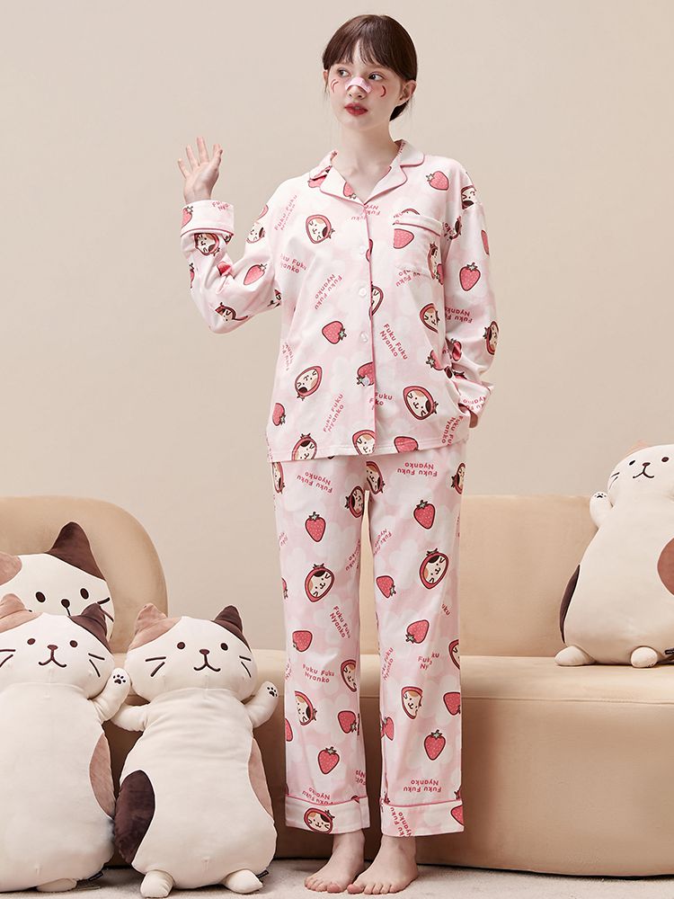 Hapins Authorized Fuku Fuku Nyanko Cat Print Cotton Pajama Set