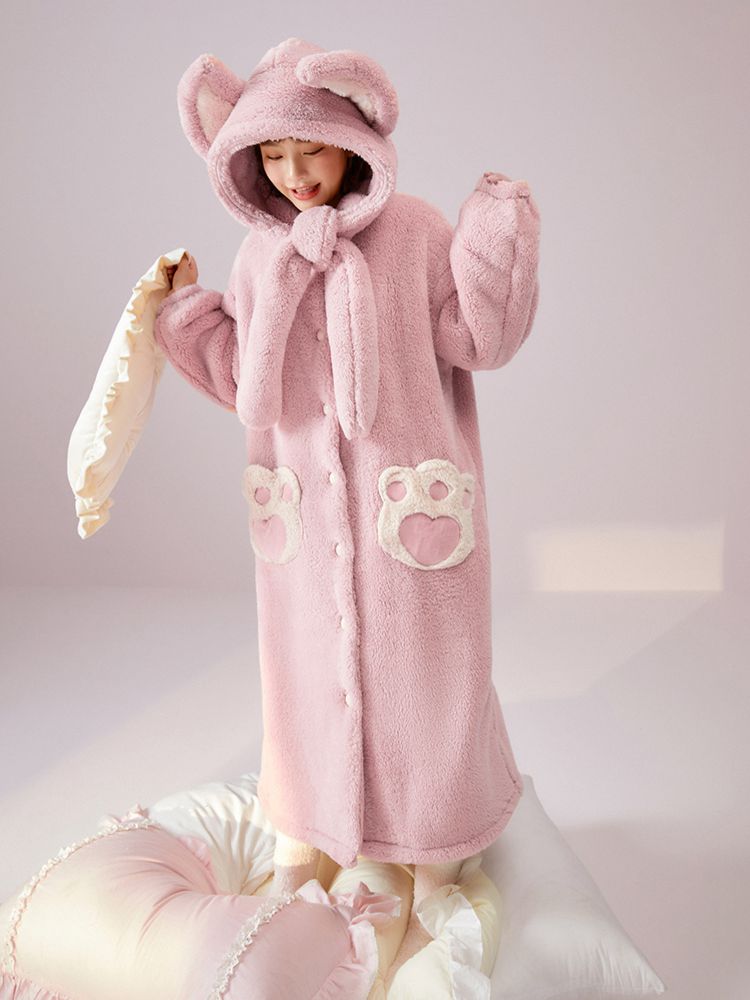 Pink Fox Paw Pocket Design Self-tie Hooded Nightgown