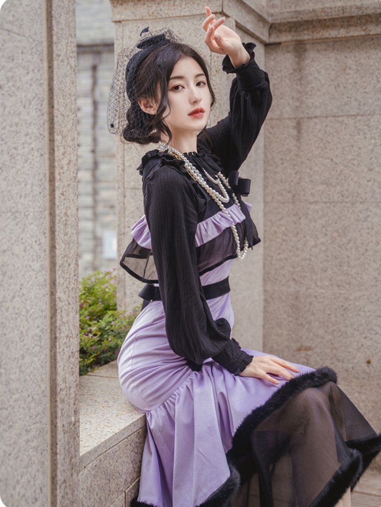 [¥9,549円]花つる黒と紫のマーメイド スカート ロリータ JSK + ショール セット