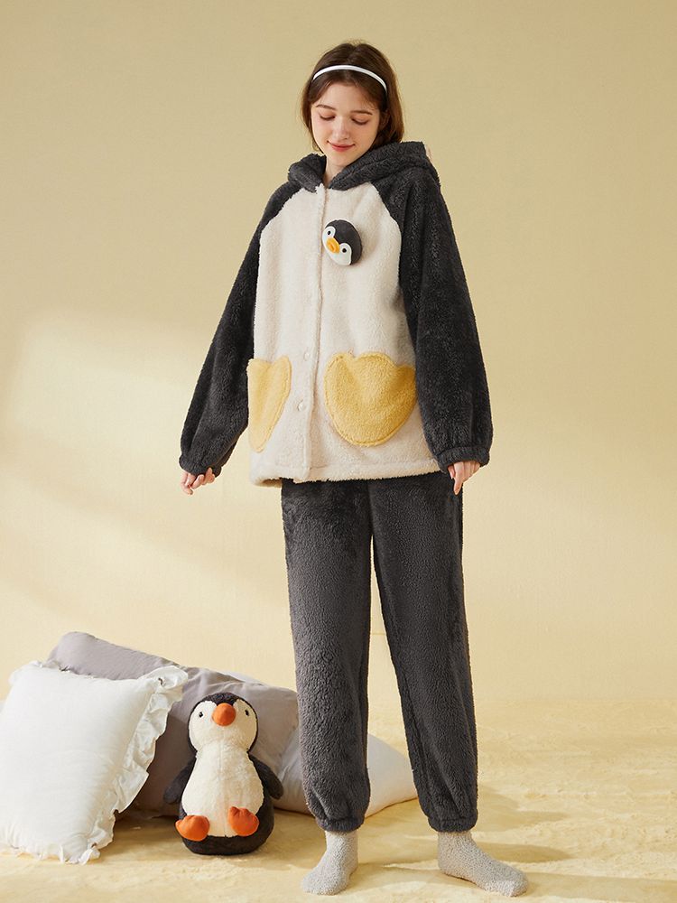 Detachable Penguin Doll Couple Hooded Pajama Set