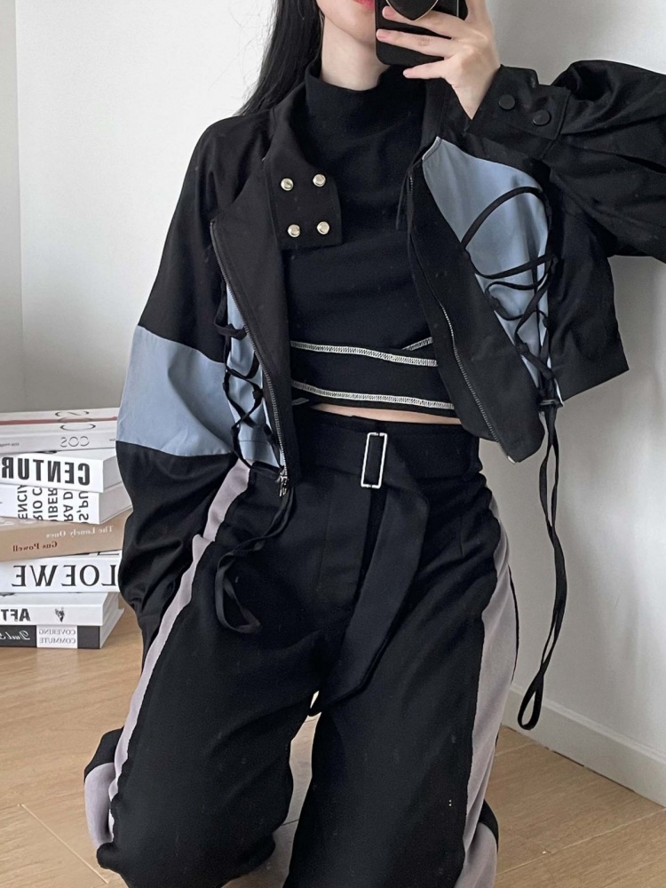 Lace-up Details Windbreaker Cropped Jacket Black and Blue