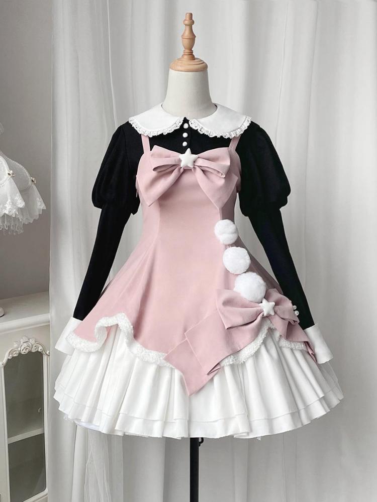 Winter Fairy Tale White and Pink Plush Balls Bowknot Details Lolita JSK + Black Blouse Set