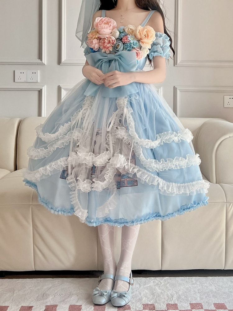 Cinderella Color Blue Floral Design Big Bow Ruffle Trim Hemline Lolita ...