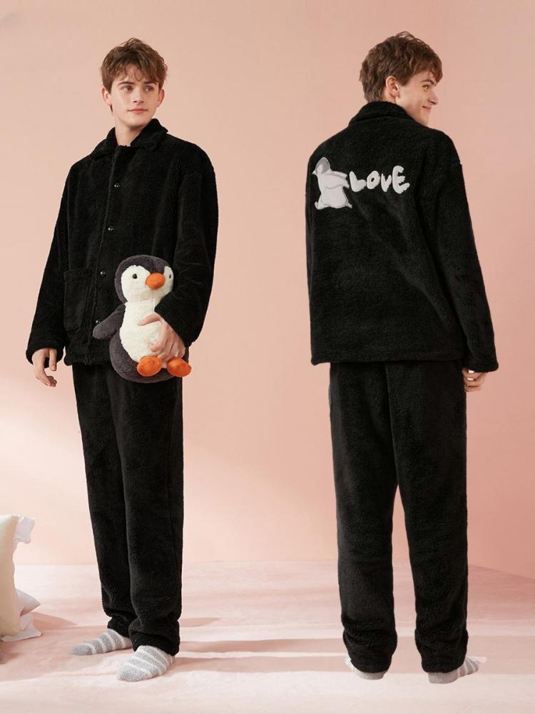 Penguin Coral Velvet Couple Pajama Set Male Version