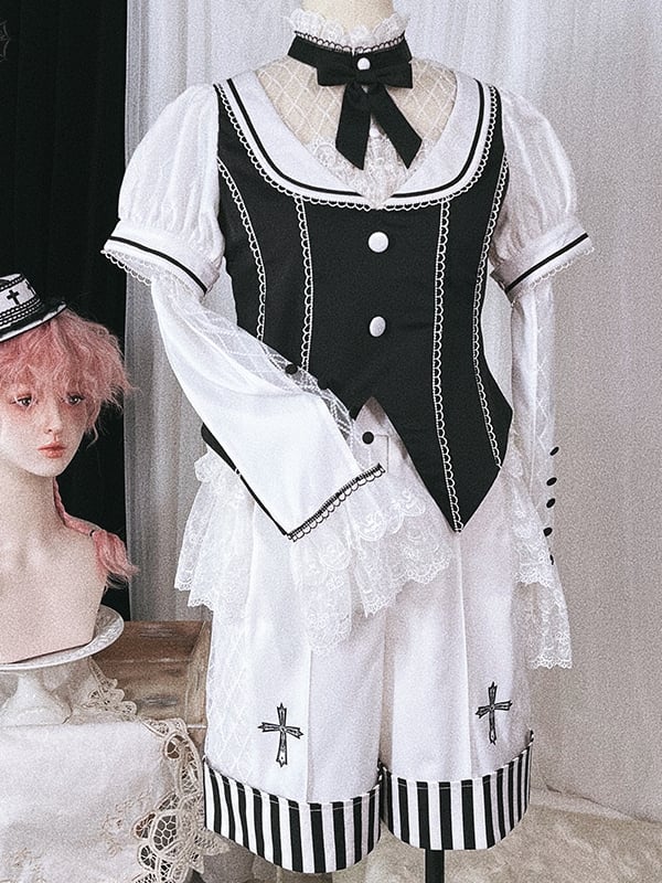 Holy College Magician Black and White Top + Shorts Ouji Lolita Set