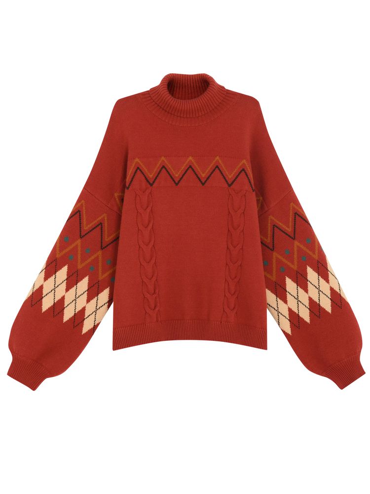 Christmas Diamond Pattern Turtle Neck Red  Sweater