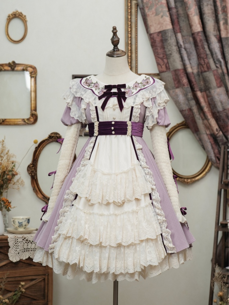 Pansy Stories Color Beige and Purple Floral Embroidery Collar High Waist Long Sleeves Lolita OP