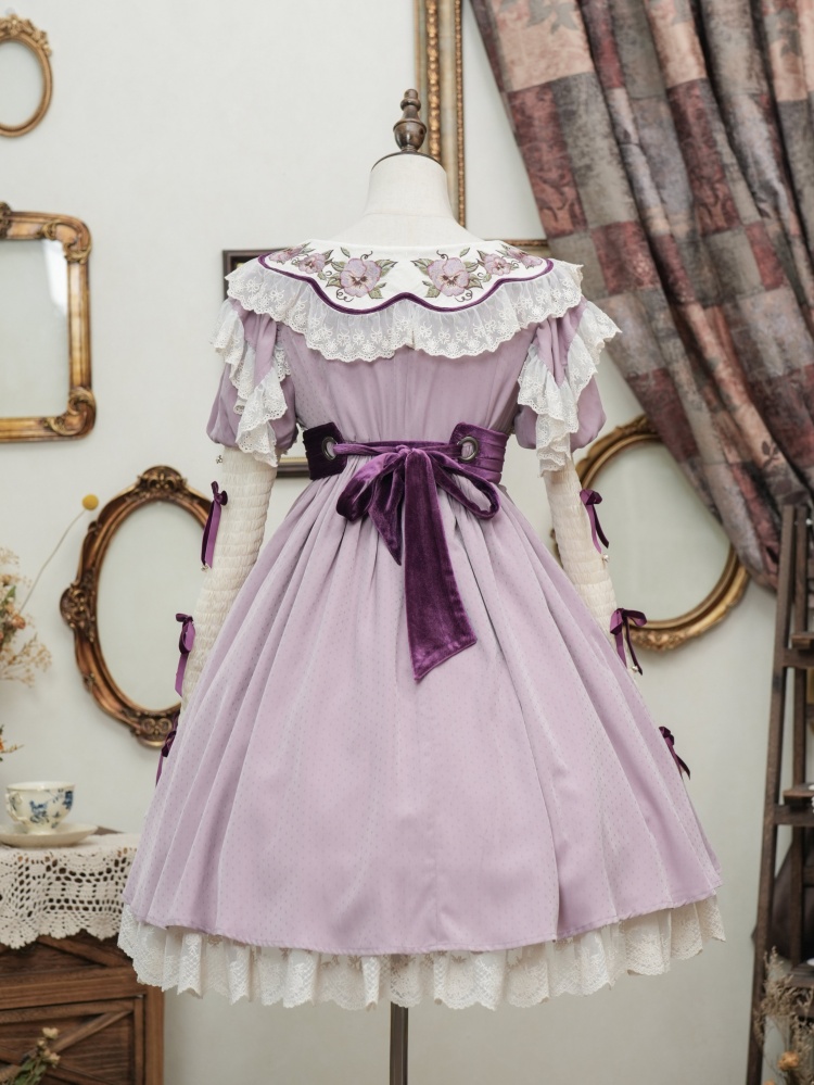 Pansy Stories Color Beige and Purple Floral Embroidery Collar High Waist Long Sleeves Lolita OP