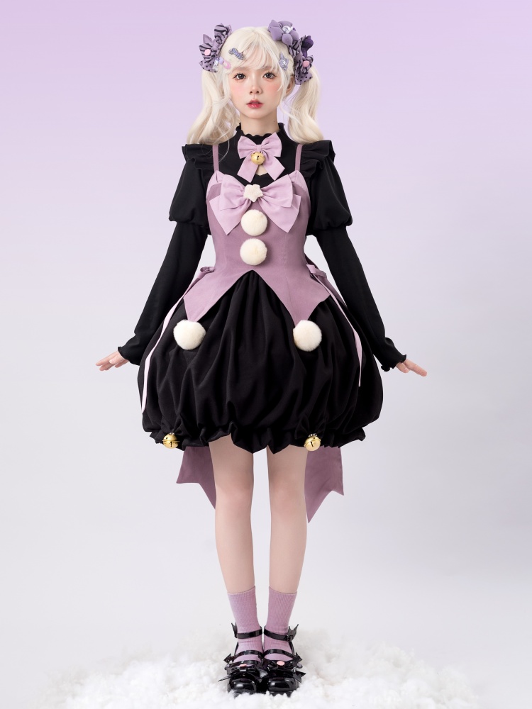 Magic Circus Black and Purple Bowknot Plush Ball Details Lolita JSK