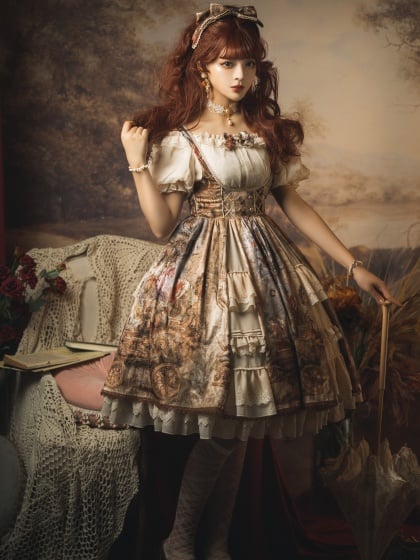 Gloria Oil Painting Print Hem Ruffle Hemline Underbust Elegant Lolita JSK