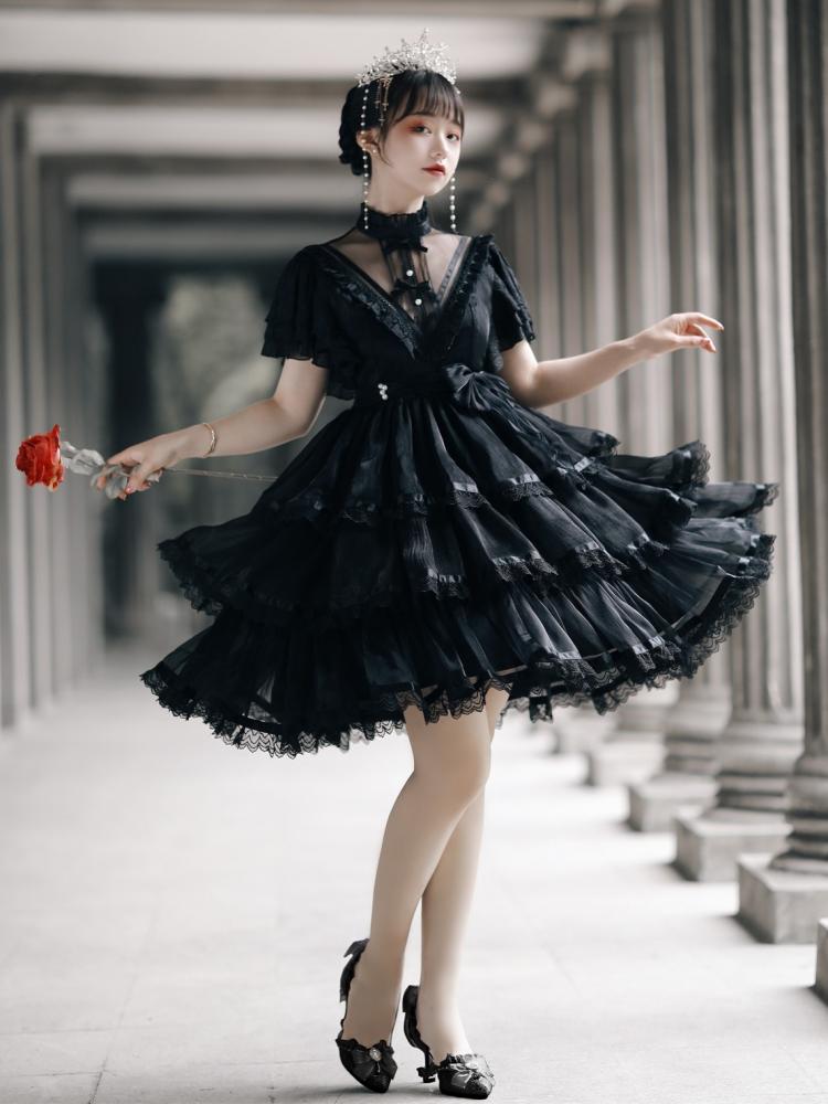 Dawn Night Banquet Black One Piece Illusion Neckline Flounce Sleeves Tiered Skirt and Ruffle Trim
