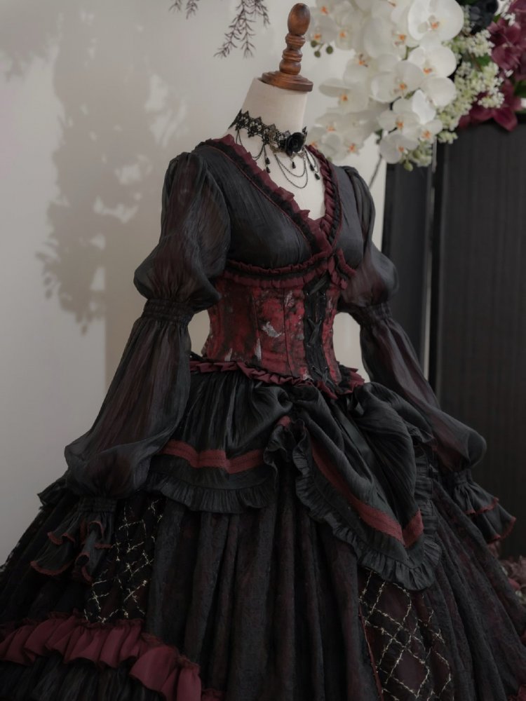 Miss Beverly Color Black and Red Ruffle V-neck Long Sleeves Lolita OP ...