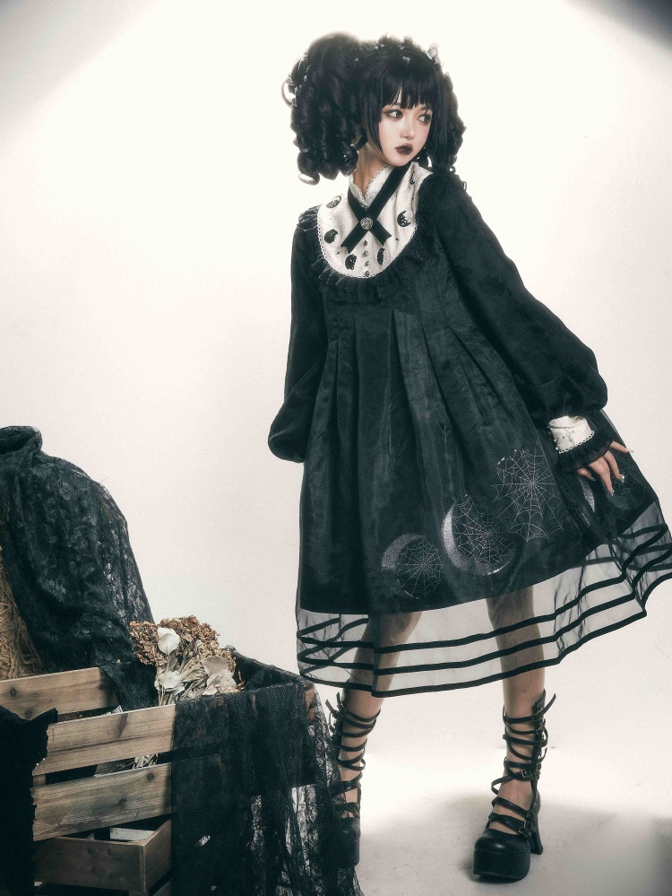Uttu Time Black and White Moon and Cobweb Print Banded Collar Long Sleeves Lolita OP
