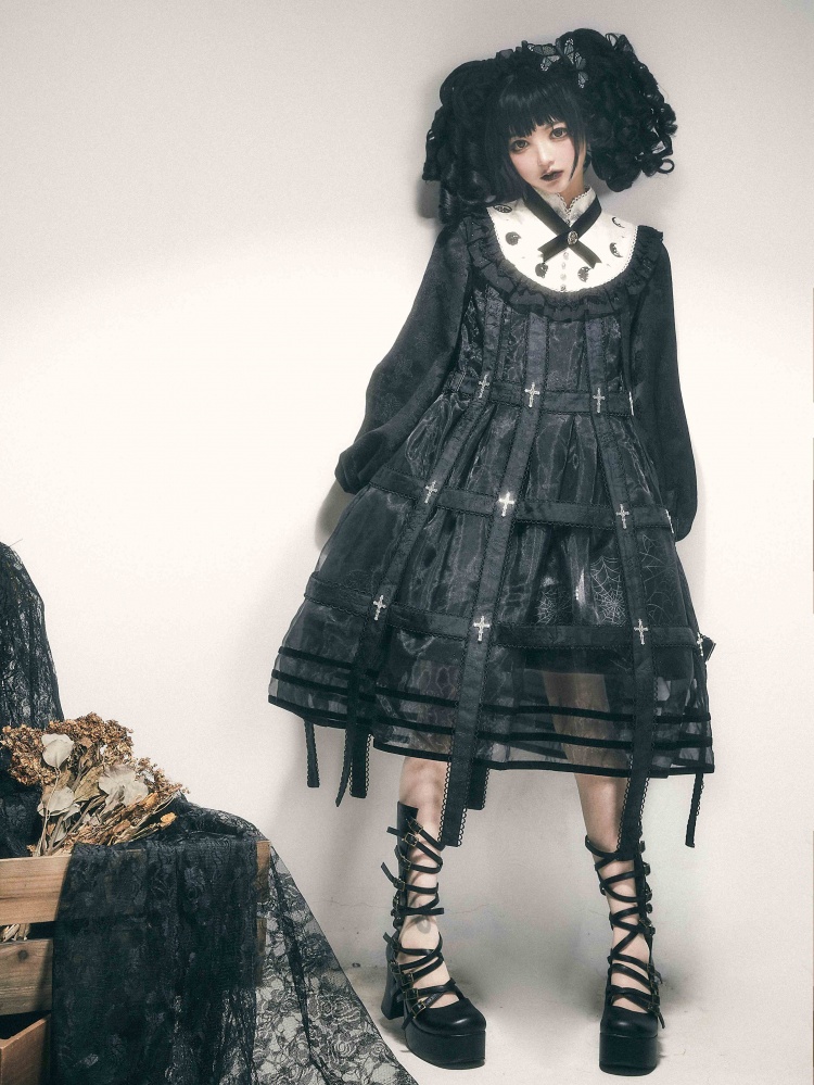 Uttu Time Black and White Moon and Cobweb Print Banded Collar Long Sleeves Lolita OP