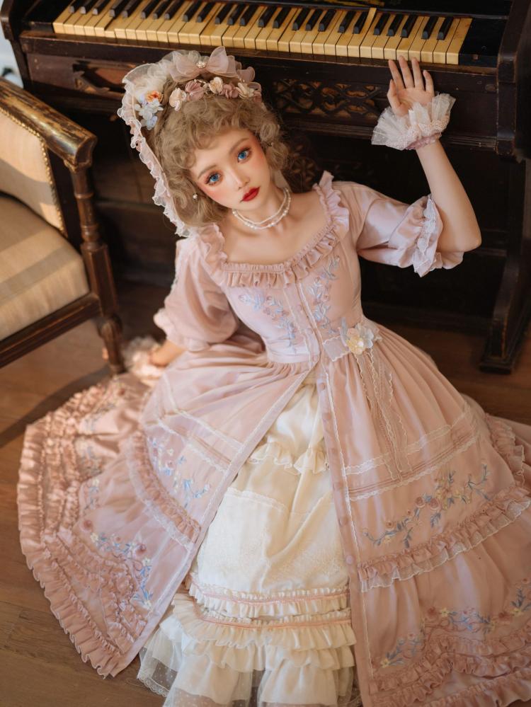 昔のお土産 中袖 花柄 刺繍 エレガント ピンク ロリータドレス フルセット