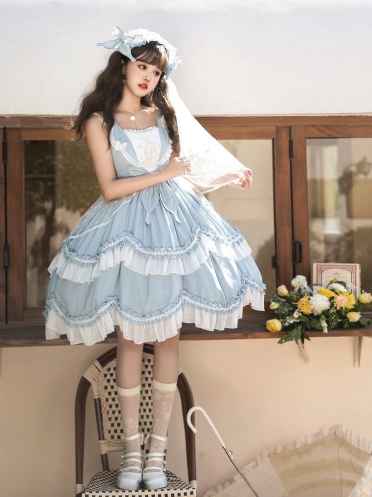 Floating Dream Color Blue Butterfly Embroidery Scalloped Edge Hem ...