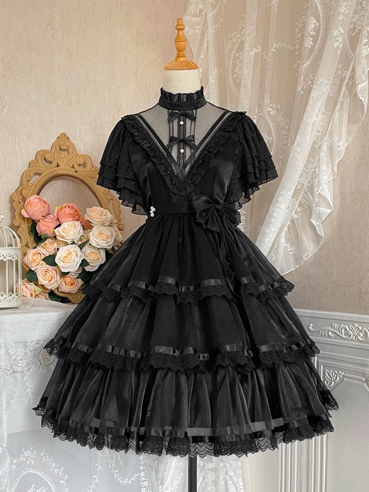 Dawn Night Banquet Black One Piece Illusion Neckline Flounce Sleeves Tiered Skirt and Ruffle Trim