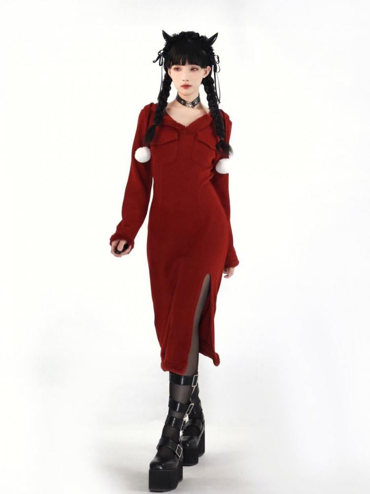 Rose Chanson Red/Black V-neck Plush Trim Thigh-high Slit Hooded Knitted Dress