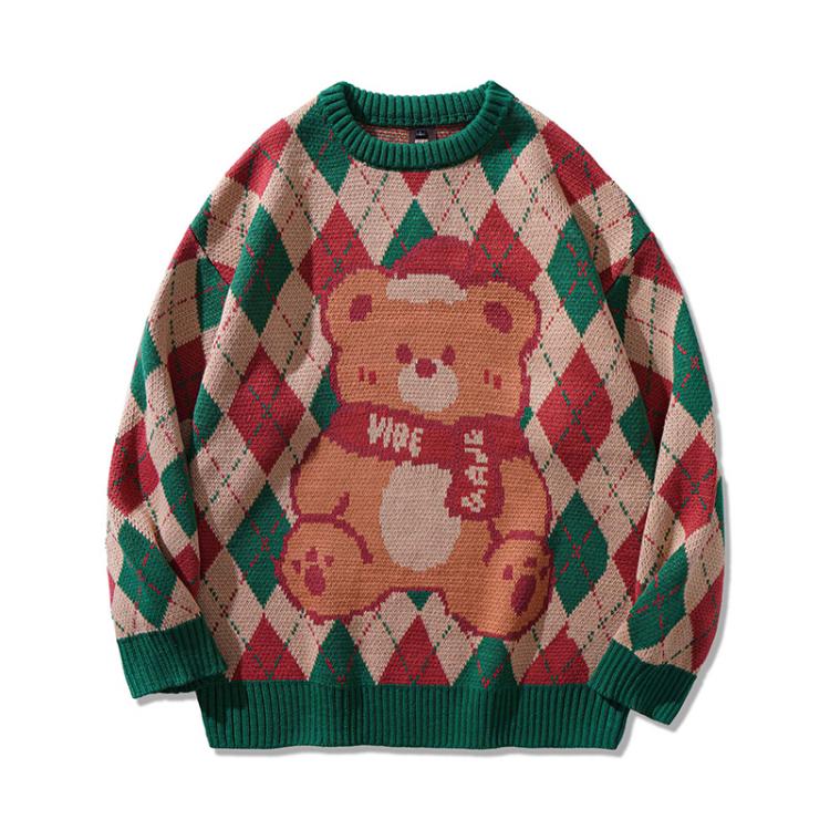 Christmas Green Diamond Plaid Little Bear Pattern Round Neck  Sweater
