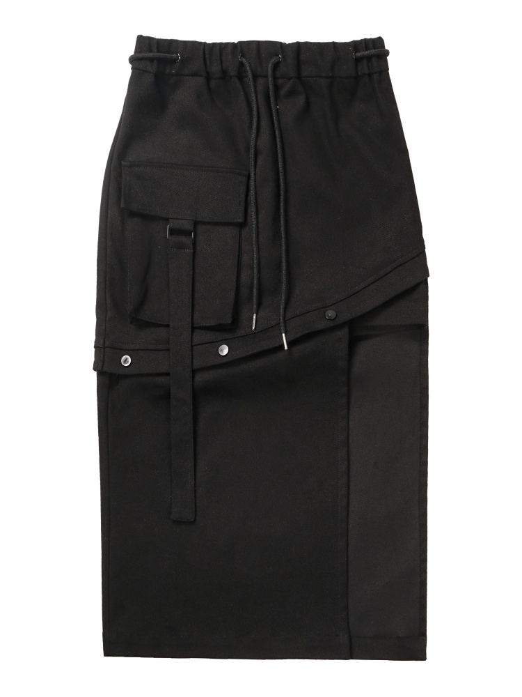 Strawberry Fruli Cargo Pocket Design Asymmetrical Hem Black Skirt