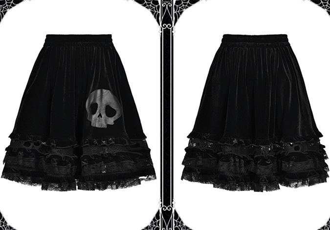 Gothic Witch Skull Black Velvet Ruffle Skirt