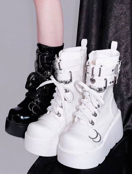 [$64.50]Roses Metal Heart Chain Decorated PU Polished White Platform Martens