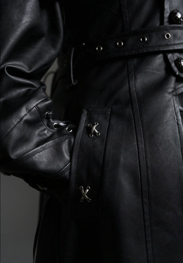 Dragon's Breath Black Faux Fur Collar PU Leather Trench Coat