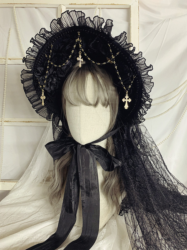 Handmade Gothic Cross Decorated Black Bonnet