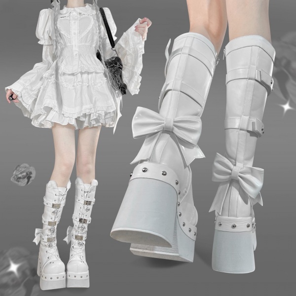 [$69.50]Imprisoned Forever White Lolita High Block Heel Boots