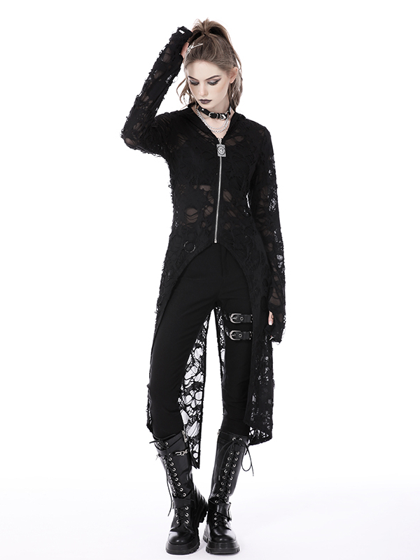 Gothic Distressed Holes Hooded Black Long Outerwear