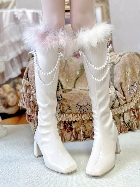 [$46.89]Faux Fur Decorated Beige High Block Heel Boots