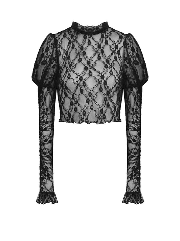 Ruffle Neckline Juliette Sleeves Semi-sheer Black Lace Top