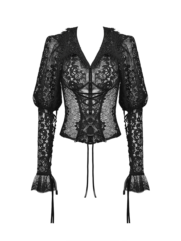 Gothic Lace-up Detail Black Semi-sheer Lace Blouse