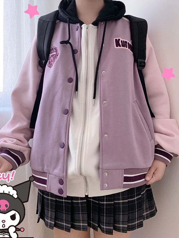 Kuromi Purple Colourblock Striped Trim Varsity Jacket Purple Colourblock / XL