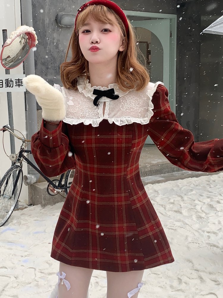 Crunchy Candy Lace Ruffle Neck Red Plaid Pattern Dress