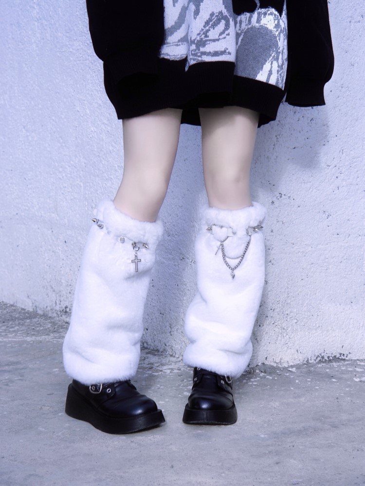 Handmade Y2K Subculture White Chain Decorative Plush Leg Warmers