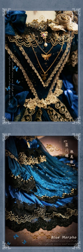Victorian Queen Vibes Historical Dress Gold Lace Trim Dark Blue Hime ...