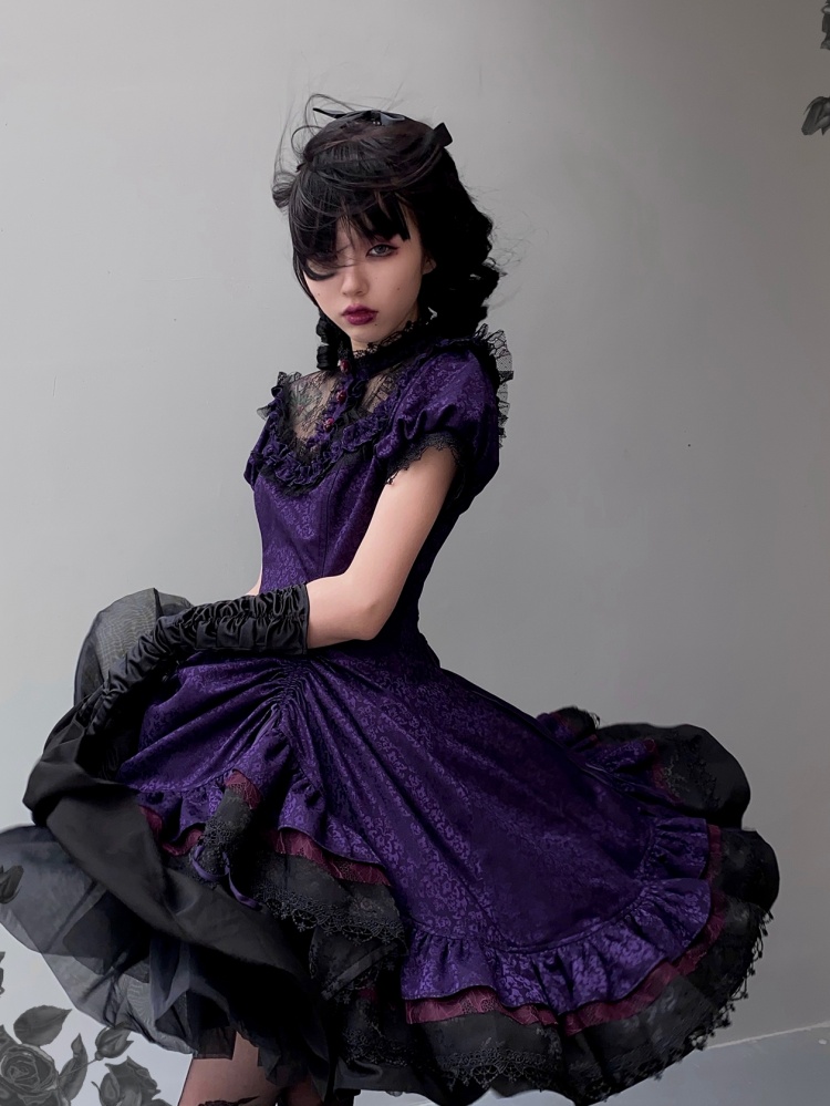 Black and Purple Gothic Drawstring Ruffle Skirt One Piece