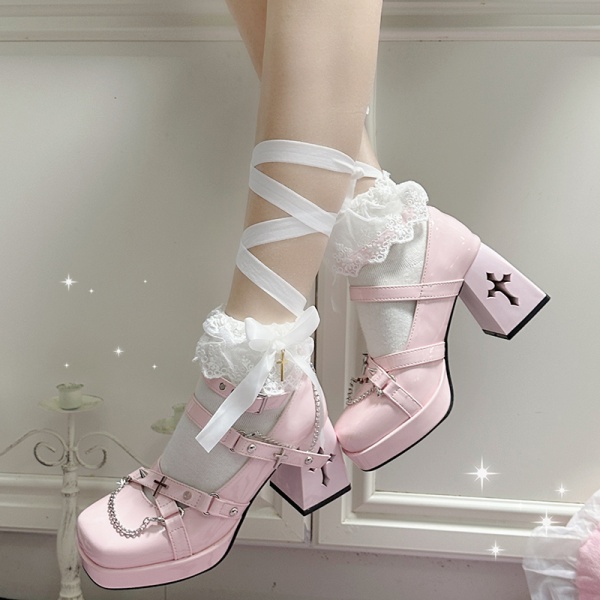 [£35.17]Silver-tone Studs Pink High Block Heel Shoes Chain Decorative