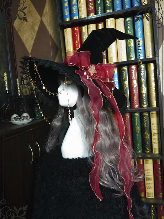 Devilinspired Gorgeous Halloween Fancy Witch Hat with Shiny Veil and Stars Chain