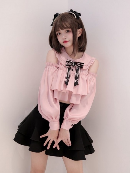 [$62.25]Pink Open Shoulder Blouse with Peter Pan Collar Ruffle Trim
