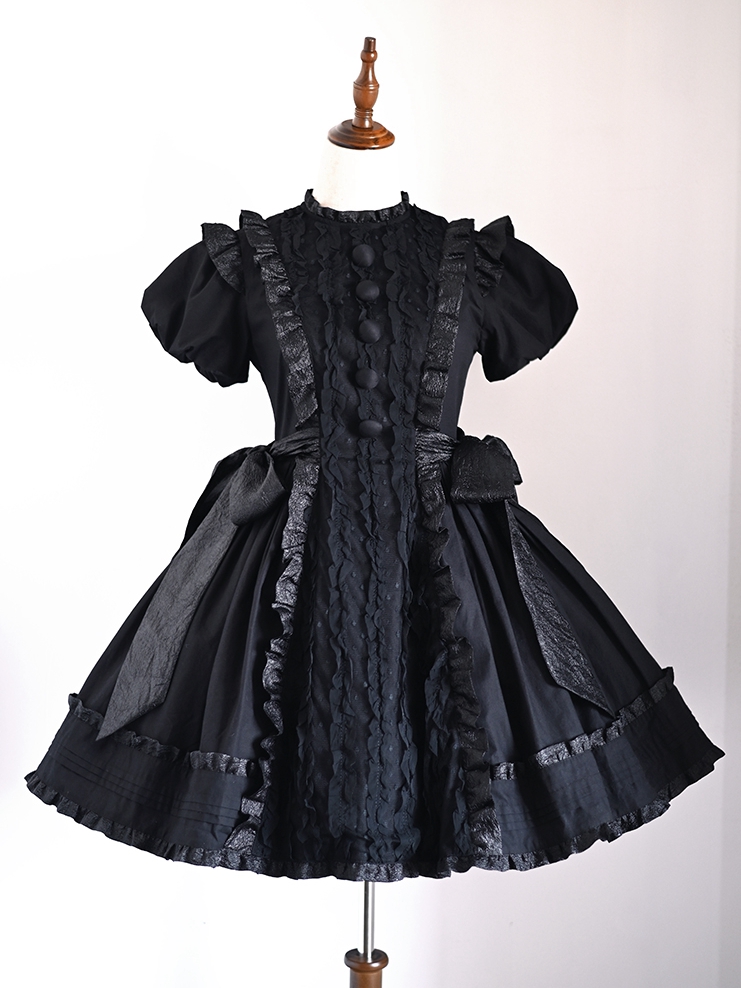 Mori's Little Black Dress Black Ruffle Neckline Short Puff Sleeves ...